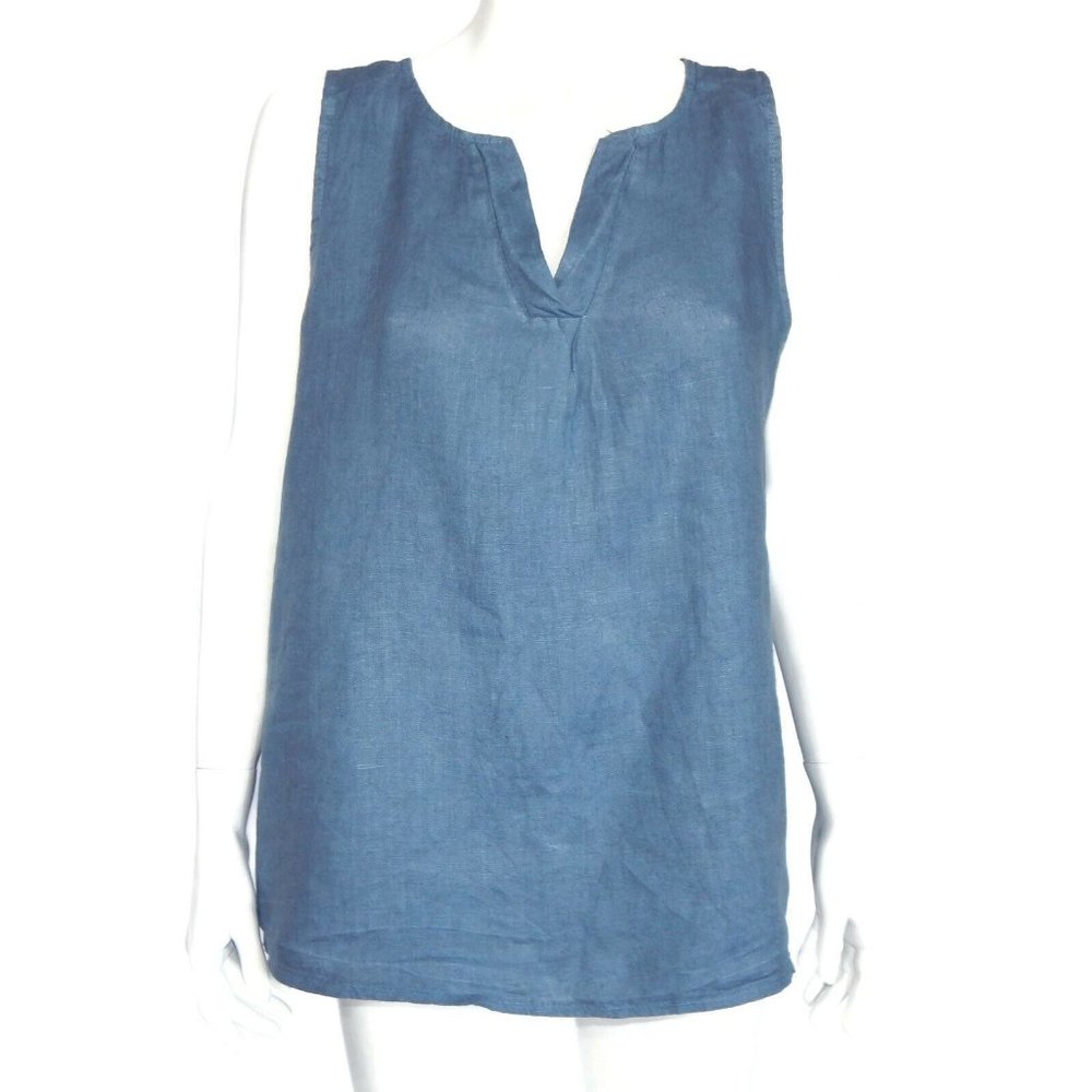 AM Basic Collection Italy Blue Linen Sleevless V-Neck Top size Large /4353